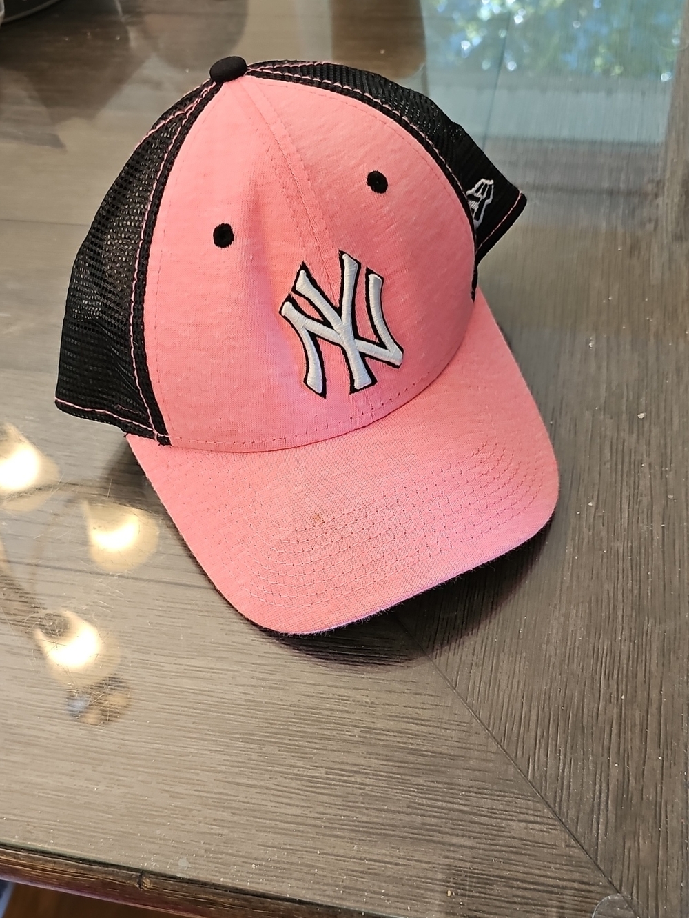 Womens Pink New York Yankess Trucker Cap with Black Mesh and Embroidered Logo